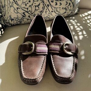 Bally Brown Leather Loafers with Purple Striped Straps and Buckles